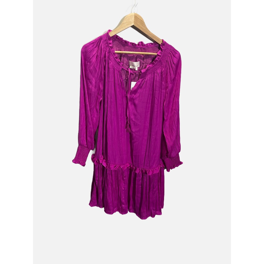 Anthropologie Mini Dress Womens XS Pink Satin Tiered Ruffle Boho Peasant New - Picture 2 of 6